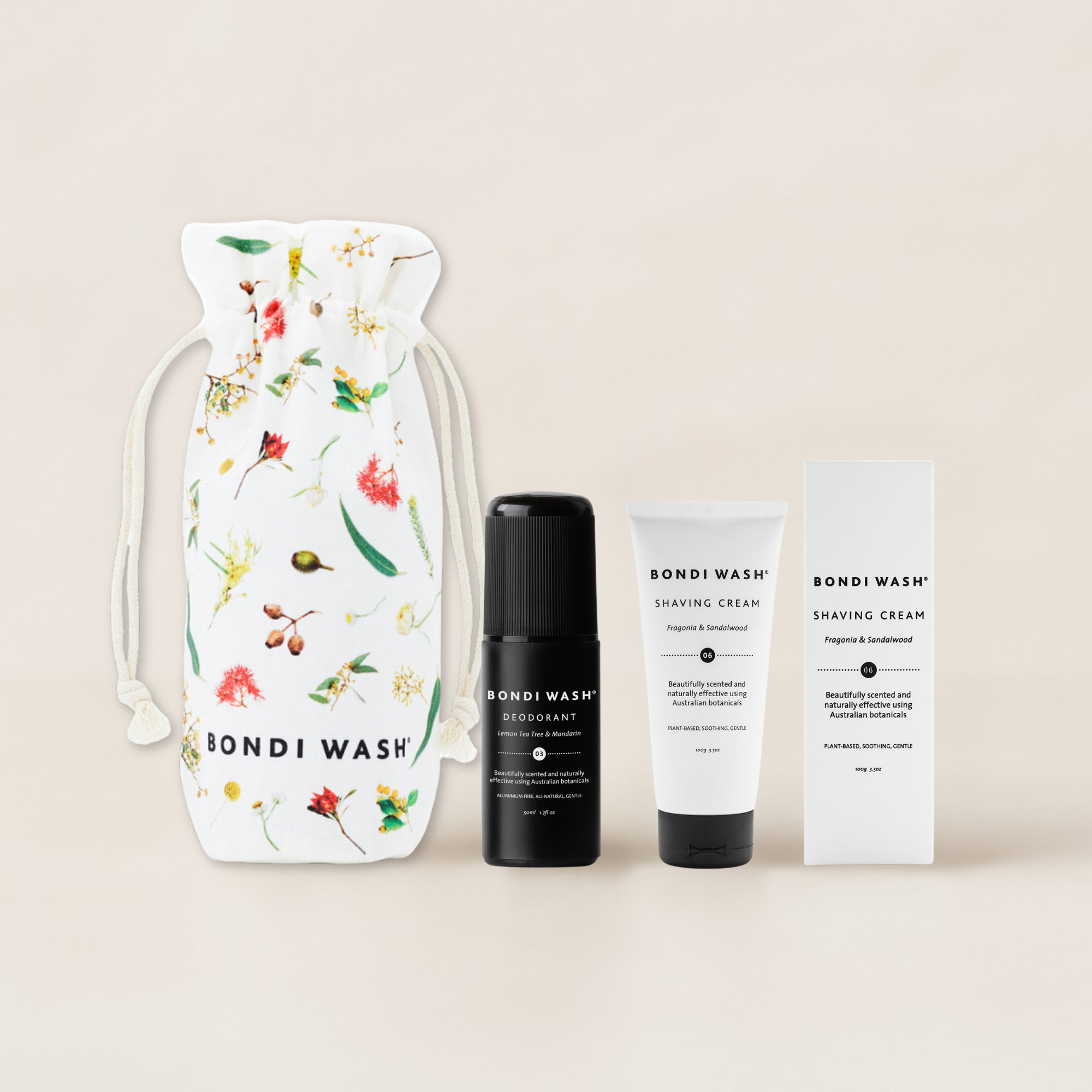 Set of Bondi Wash products including a floral drawstring bag, deodorant, shaving cream, and a small box on a beige background.