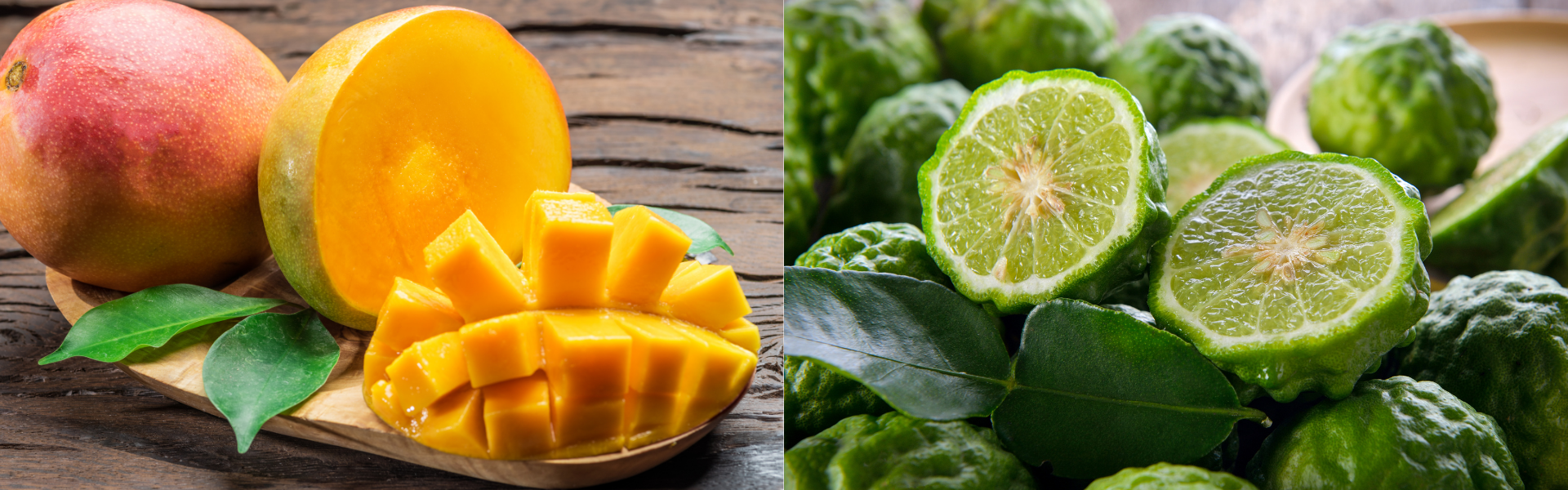Mangoes on a wooden board with a close-up of sliced mangoes, followed by bergamot fruits.