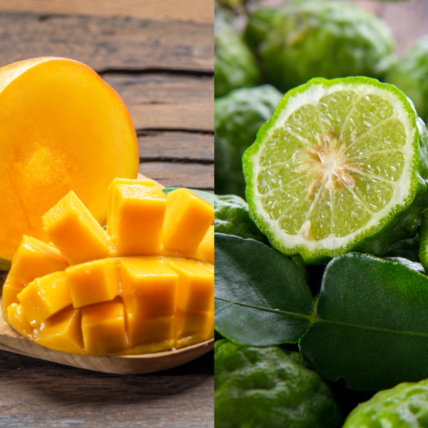 Split image of a halved mango and a sliced lime with leaves on a wooden background
