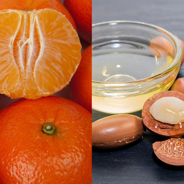 Split image of mandarin oranges and argan seeds with oil.