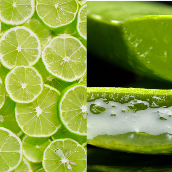 Collage of sliced limes and a close-up of a lime with white substance.