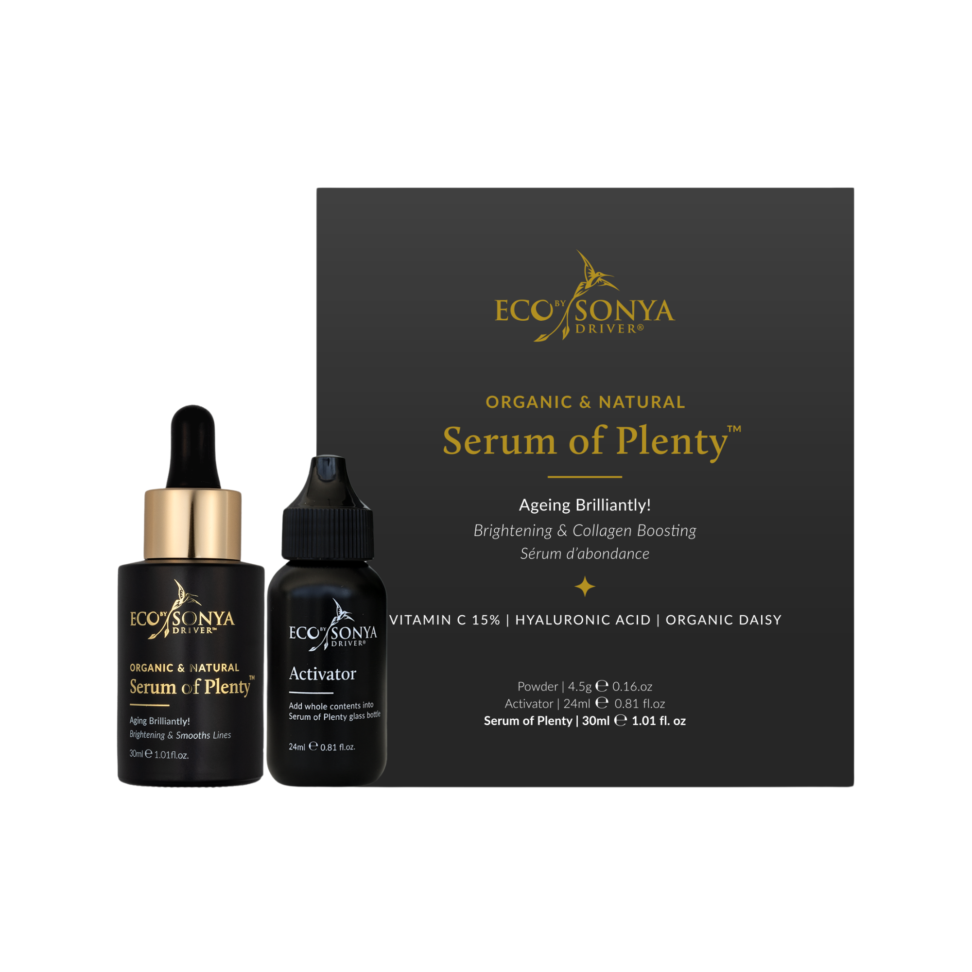 Eco by Sonya skincare serum and activator with packaging on a white background