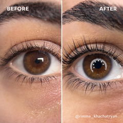 Before and after comparison of an eye with enhanced eyelashes.