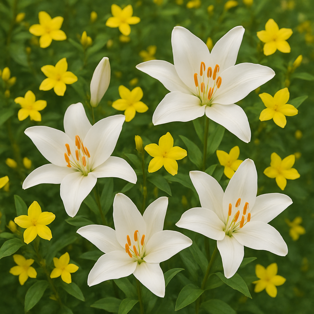 White lilies with orange centers surrounded by Italian jasmine petals.