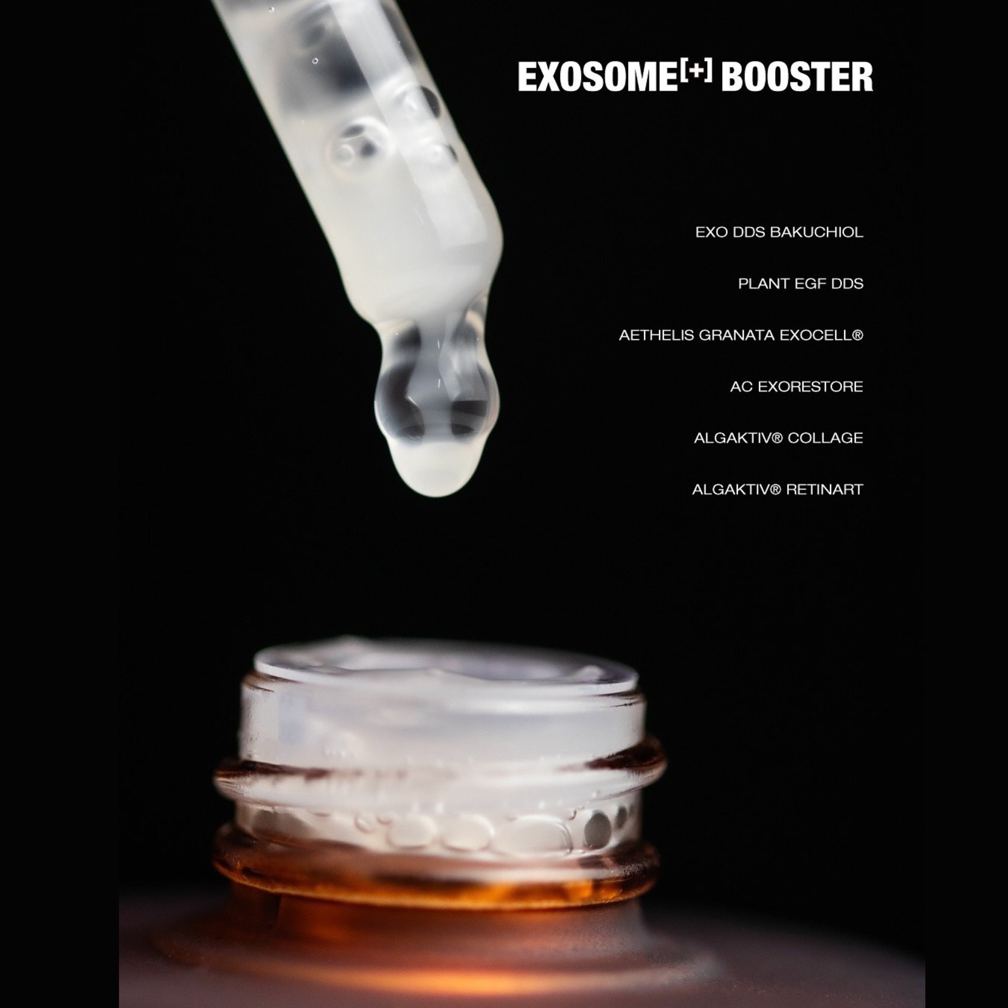 Exosome booster dropper with a dark background and product names listed.