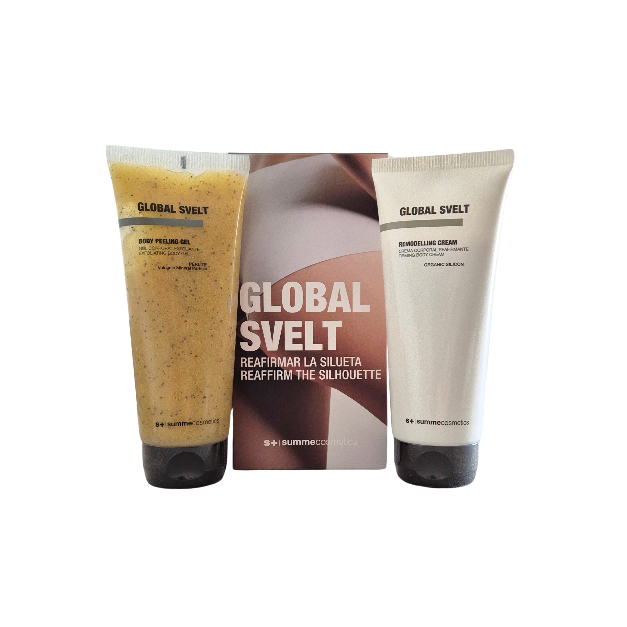 Two skincare products and a box labeled 'Global Svelt' on a white background