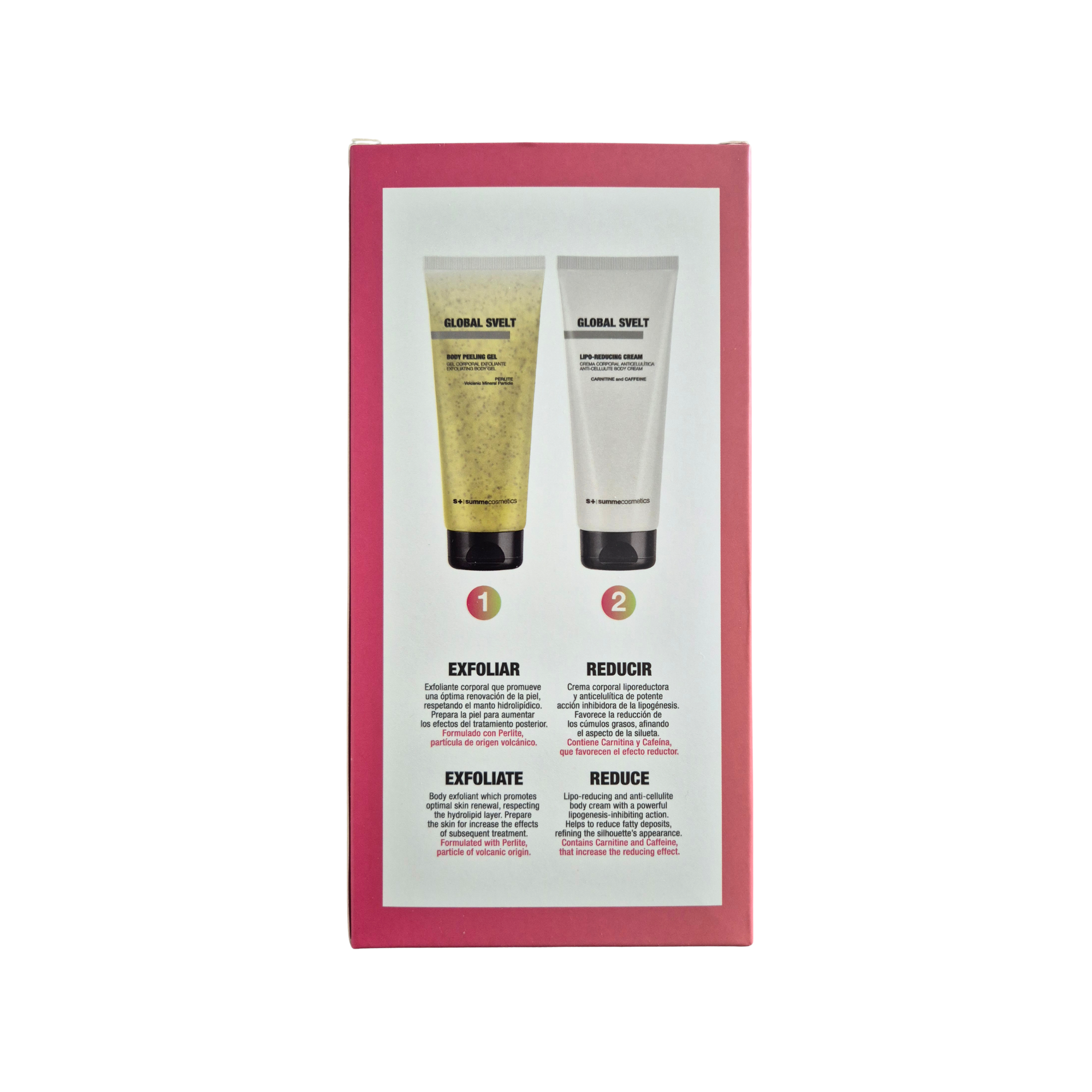 Two skincare products in a pink packaging box on a white background