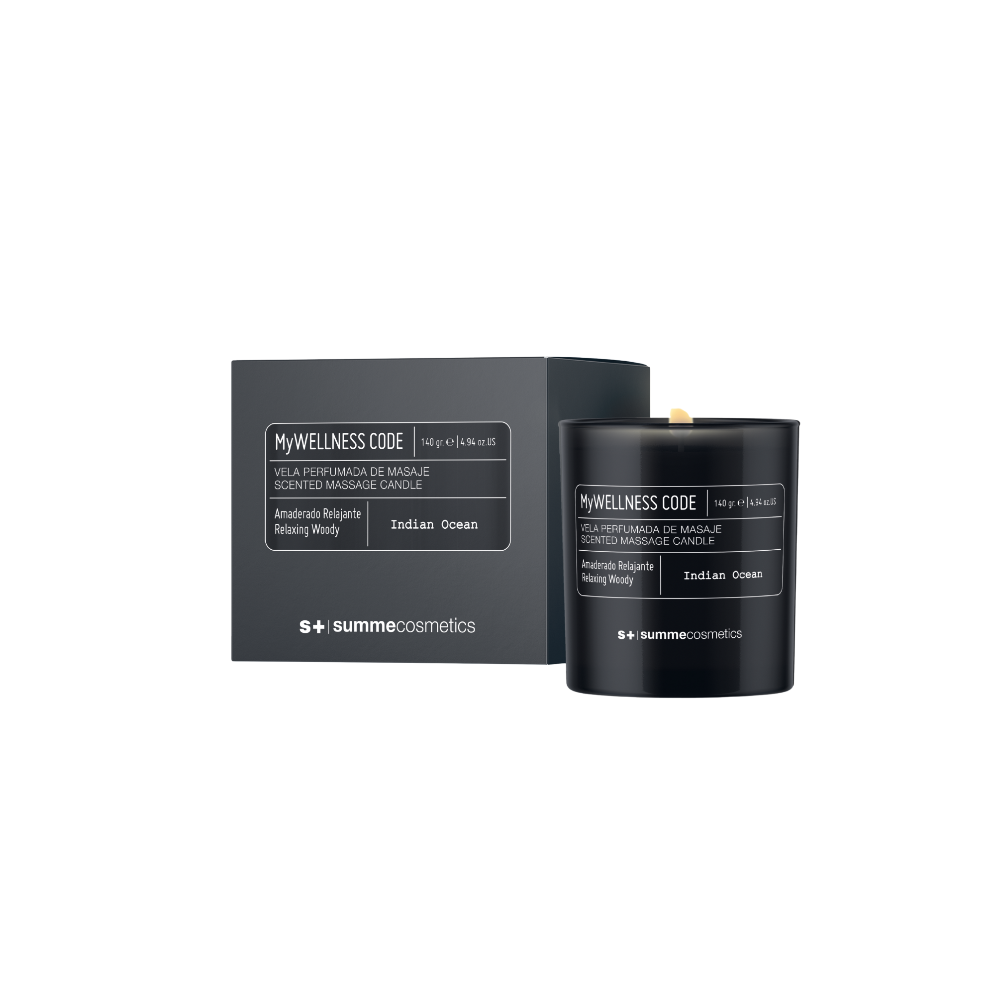 Black massage candle with packaging labeled 'MyWellness Code' on a white background