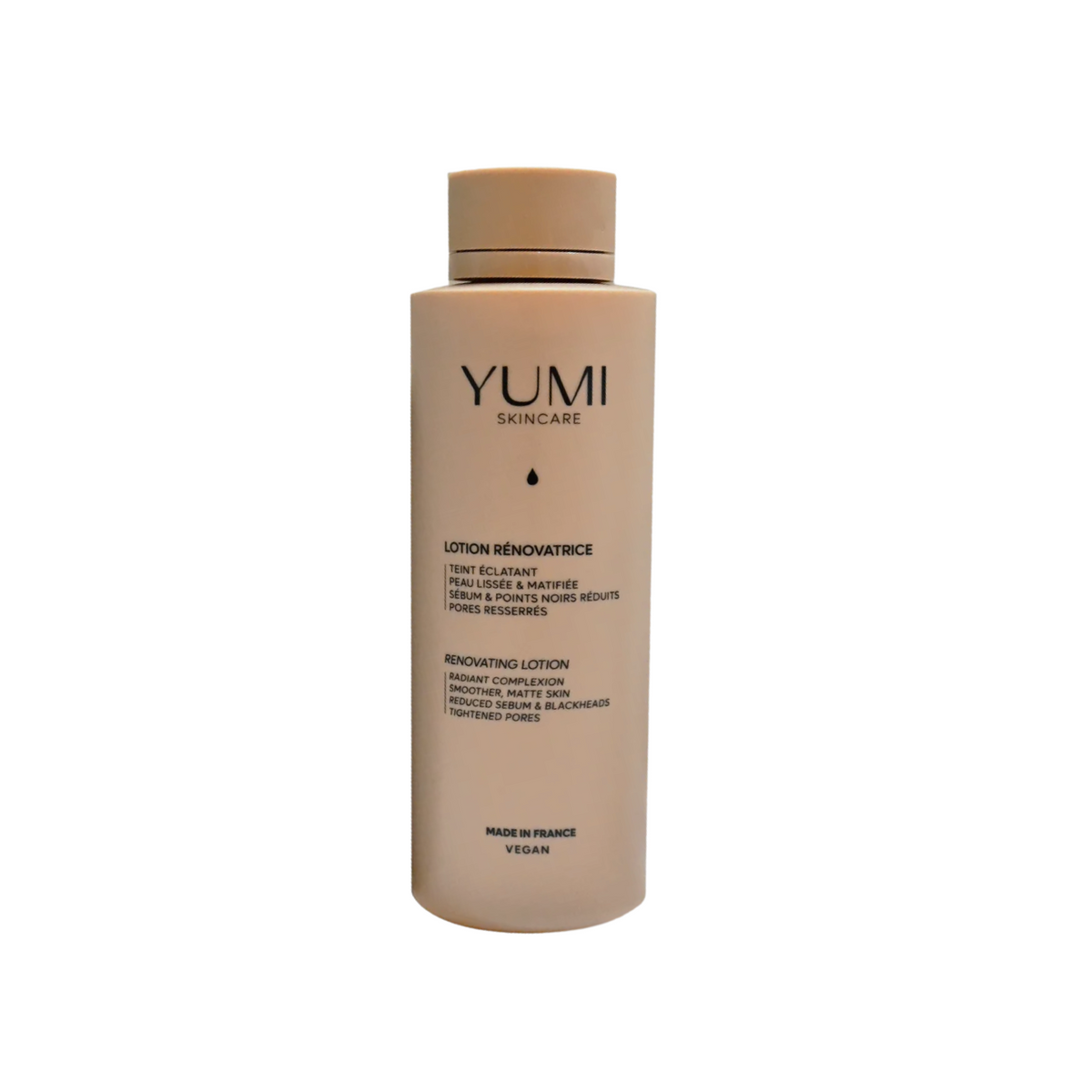 YUMI skincare lotion bottle on a white background